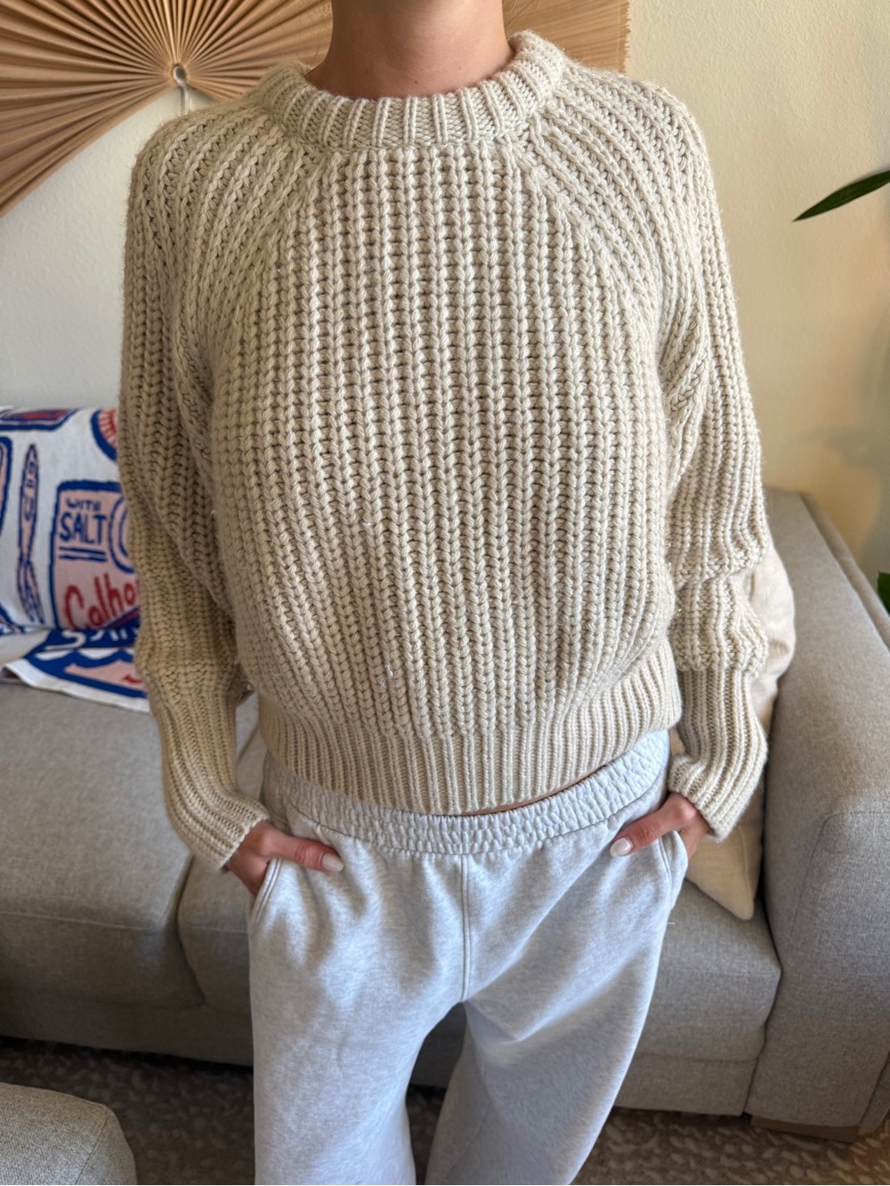 Zara Cream Cable-Knit Crewneck Sweater